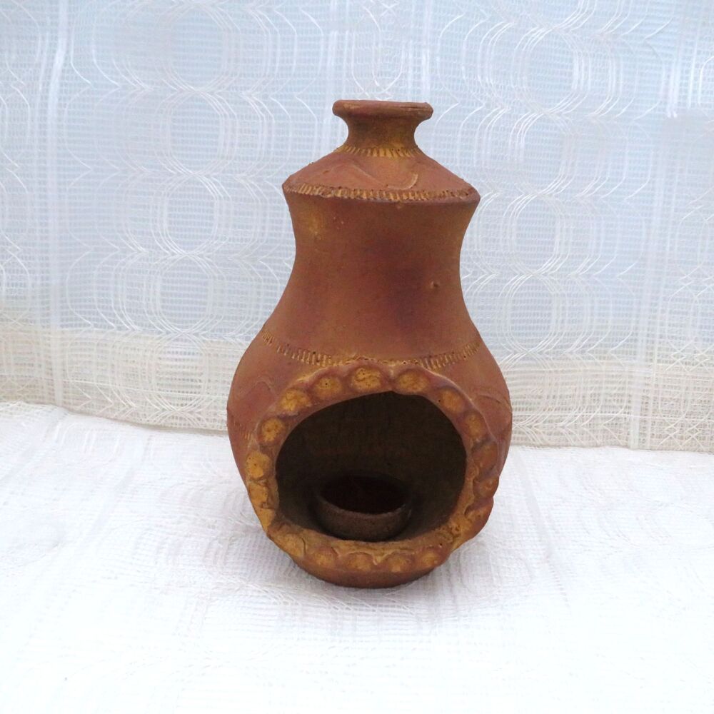 Vintage Table Top Mexican Chiminea Orange Clay Pottery for Home Decor